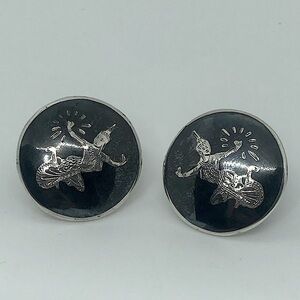 Vtg 50s Sterling Niello Nielloware Siam Screw Back Clip On Style Earrings | 1”
